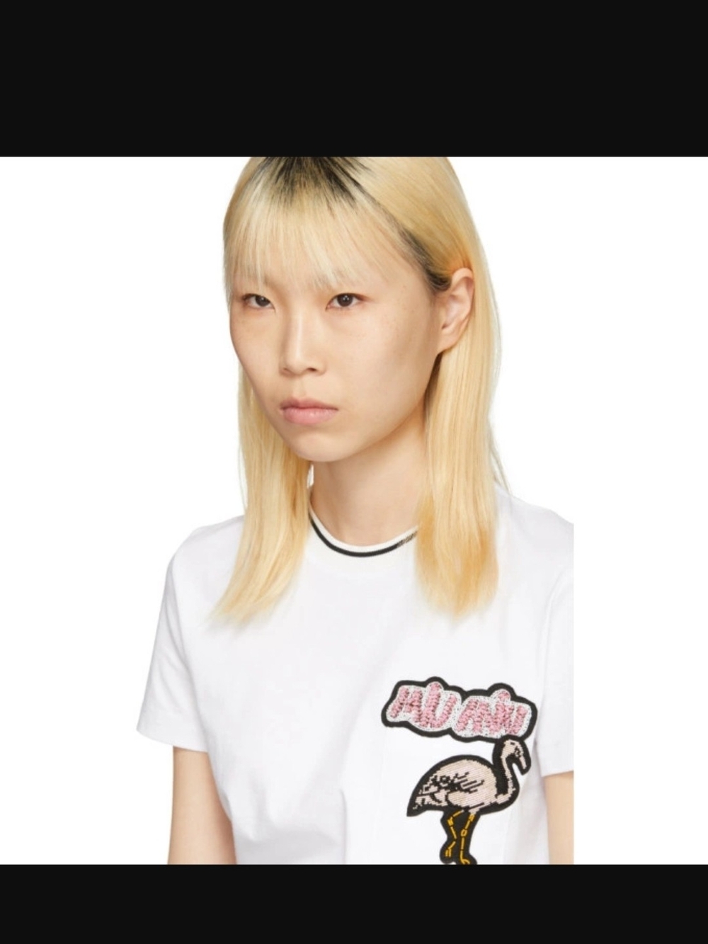 Miu Miu White Short-Sleeve Tee with Flamingo Patch